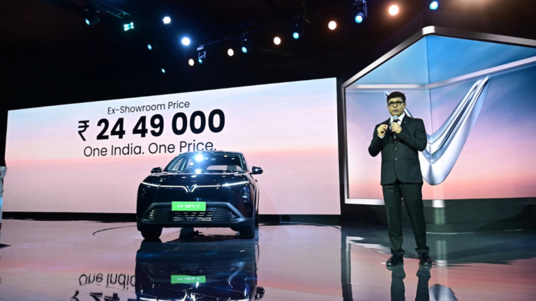 VinFast India CEO Tapan Ghosh announcing the ex-showroom price of ₹24,49,000 for the all-new VF MPV 7 electric seven-seate...