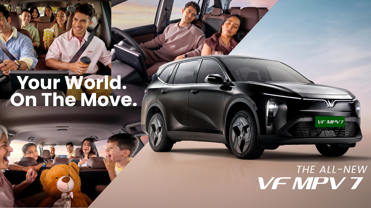 A promotional collage showcasing the VinFast VF MPV 7's spacious theatre-style interior, family-friendly seating, and premium black exterior design with the slogan "Your World. On The Move".