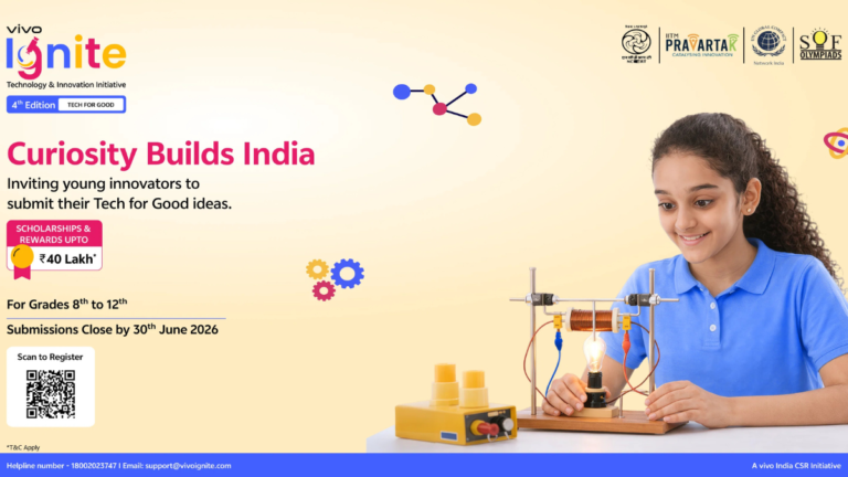 A schoolgirl working on a science project next to vivo Ignite scholarship and registration details for India.