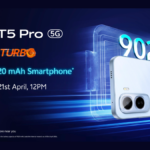 Official teaser of vivo T5 Pro 5G in Glacier Blue showing the 9020mAh battery branding and April 21st launch date.