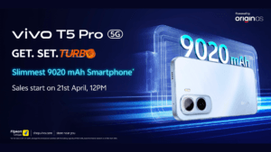 Official teaser of vivo T5 Pro 5G in Glacier Blue showing the 9020mAh battery branding and April 21st launch date.