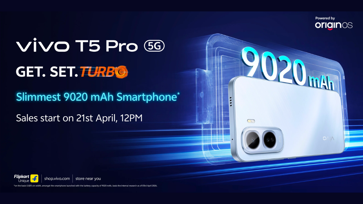 Official teaser of vivo T5 Pro 5G in Glacier Blue showing the 9020mAh battery branding and April 21st launch date.