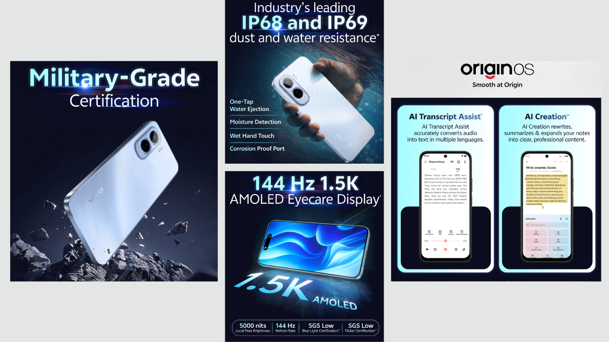 vivo T5 Pro durability features showing IP68 and IP69 ratings alongside a 144Hz 1.5K AMOLED display.