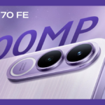 Promotional banner for vivo V70 FE showcasing the 200MP OIS camera module and "Powered by OriginOS" branding.