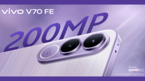 Promotional banner for vivo V70 FE showcasing the 200MP OIS camera module and "Powered by OriginOS" branding.