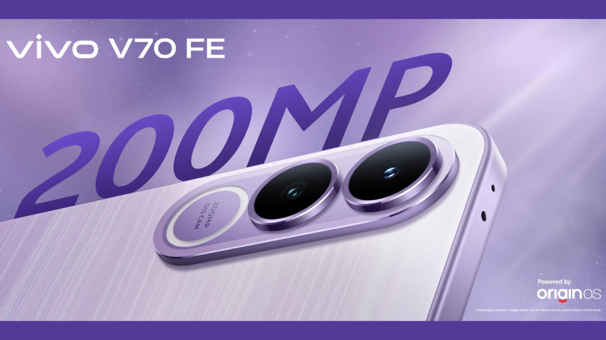 vivo V70 FE Launch: 200MP Camera, 7000mAh Battery and ‘Darkness Glow’ Tech Unveiled in India 1 Promotional banner for vivo V70 FE showcasing the 200MP OIS camera module and "Powered by OriginOS" branding.