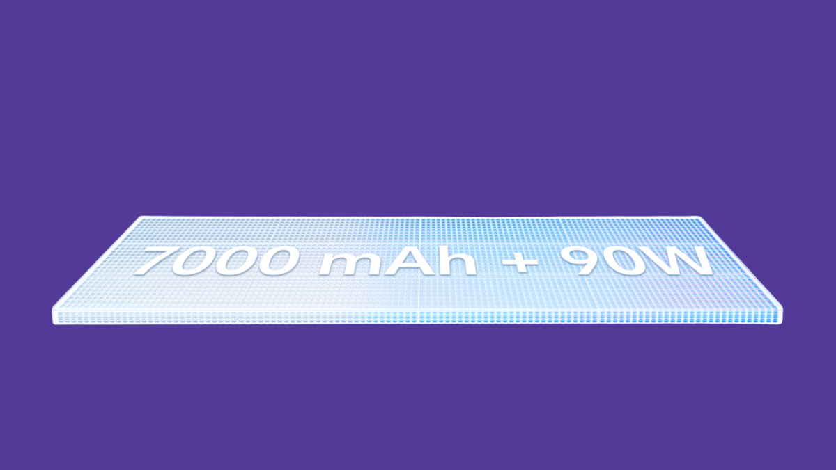 vivo V70 FE Launch: 200MP Camera, 7000mAh Battery and ‘Darkness Glow’ Tech Unveiled in India 2 Technical graphic of a massive battery slab labelled 7000 mAh + 90W on a purple background.