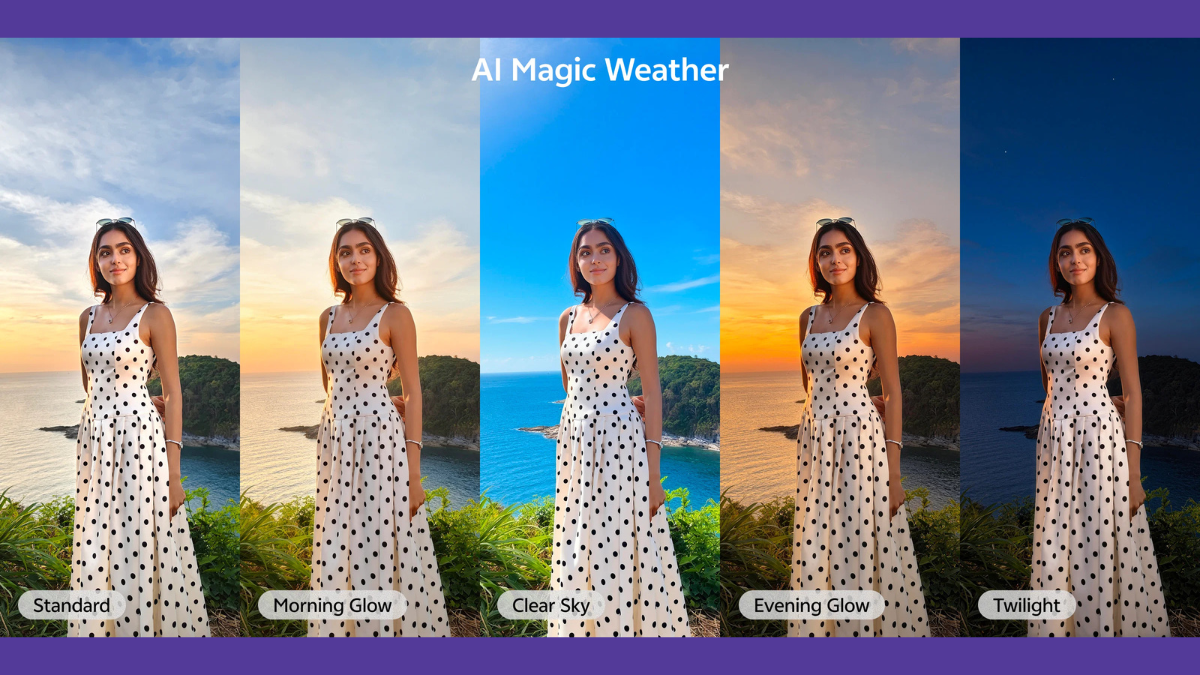 vivo V70 FE Launch: 200MP Camera, 7000mAh Battery and ‘Darkness Glow’ Tech Unveiled in India 3 A five-panel comparison demonstrating AI Magic Weather effects on a beach portrait, showing Standard, Morning Glow, Clear Sky, Evening Glow and Twilight modes.