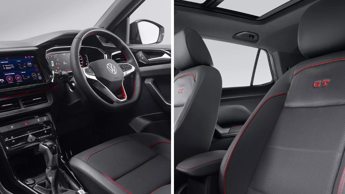 Interior views of the Taigun showing the digital cockpit, GT-branded steering wheel, and leatherette seats with red stitching.