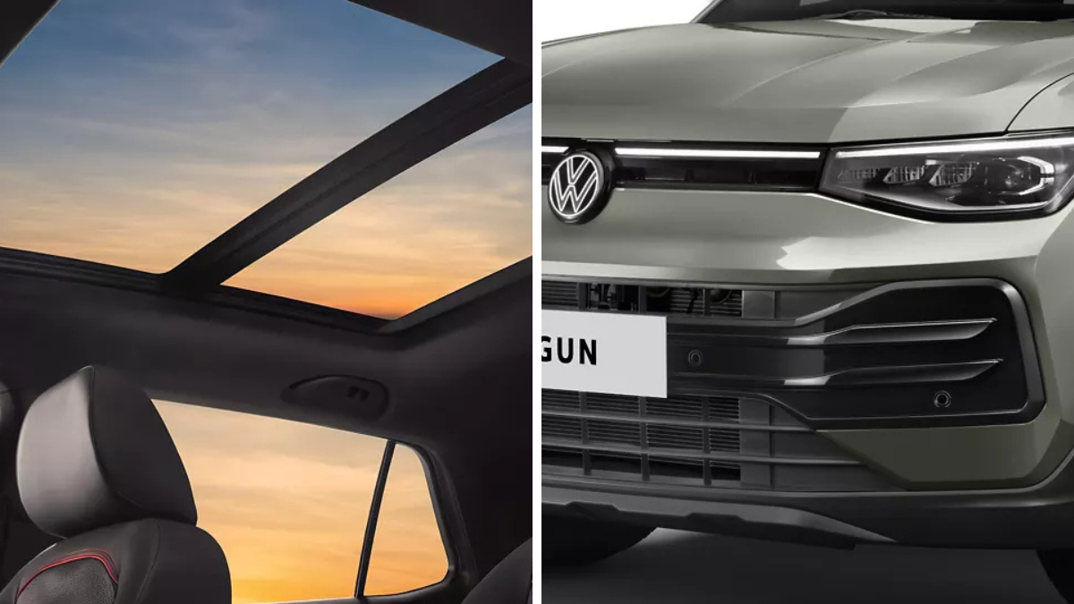 Split shot of the Taigun’s panoramic sunroof under a sunset sky and the illuminated Volkswagen front logo.