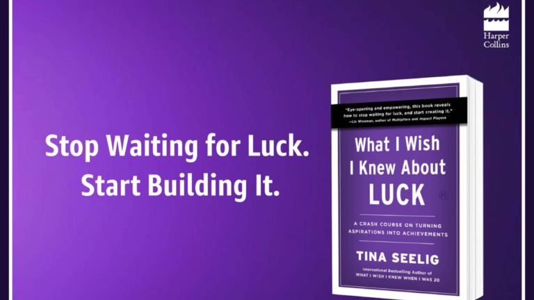 What I Wish I Knew About Luck book by Tina Seelig on a purple background with a call to action to start building luck.