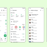 Four smartphone screens showing the WhatsApp mobile recharge flow with Indian contact names and rupee plan prices