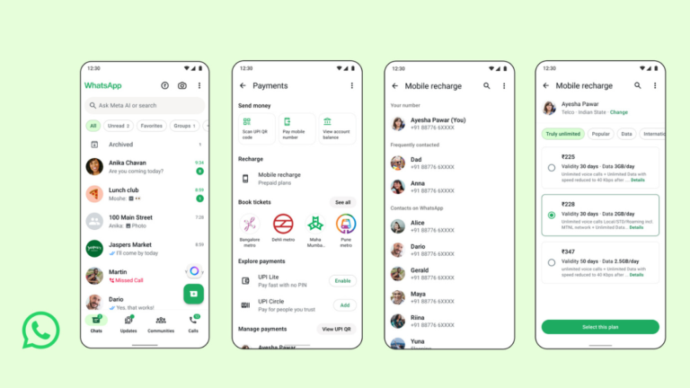 Four smartphone screens showing the WhatsApp mobile recharge flow with Indian contact names and rupee plan prices