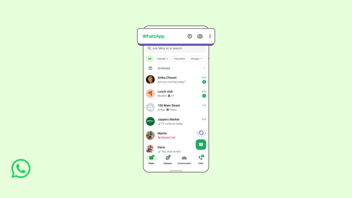 Smartphone screen showing the WhatsApp chat list with a magnified highlight of the new rupee icon for Indian payments