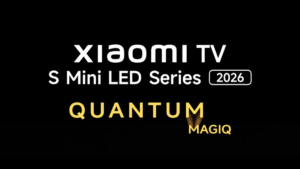Promotional poster for Xiaomi TV S Mini LED Series launching in India on April 15, 2026, featuring 1200 nits peak brightne...