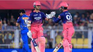 Rajasthan Royals' Yashasvi Jaiswal and 15-year-old sensation Vaibhav Sooryavanshi celebrate with a fist bump during their ...