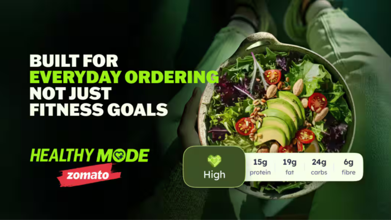 Zomato Healthy Mode marketing banner featuring a nutritious salad bowl with an overlay showing a "High" healthy score and ...