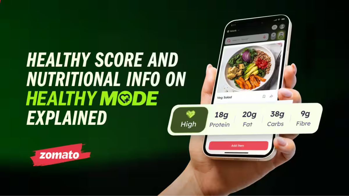 Close-up of a smartphone screen showing a "Veg Salad" on Zomato with a "High" healthy score and detailed macro stats for protein, fat, and carbs.