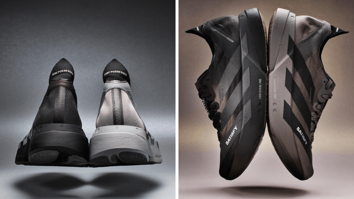 The limited carbon racer aiming to change running culture aesthetics 3 Two views of the shoe highlighting the contrasting left-to-right heel branding and the dual-colour lateral and medial profiles.