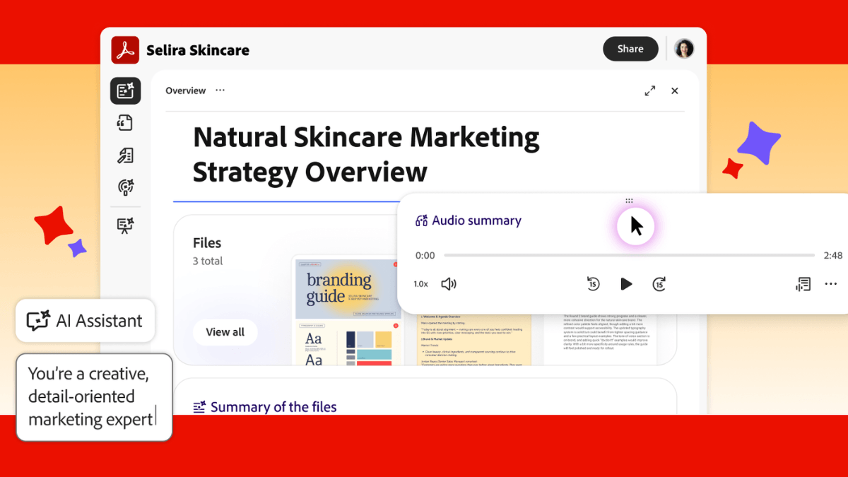 This tool turns PDFs into interactive podcasts for ₹798 2 Adobe Acrobat digital dashboard for Selira Skincare showing an audio summary player overlaying an AI assistant chat window.