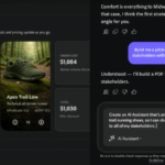 Split-screen digital interface showing a wholesale footwear product catalogue alongside an active AI conversational chat p...