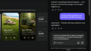 Split-screen digital interface showing a wholesale footwear product catalogue alongside an active AI conversational chat p...