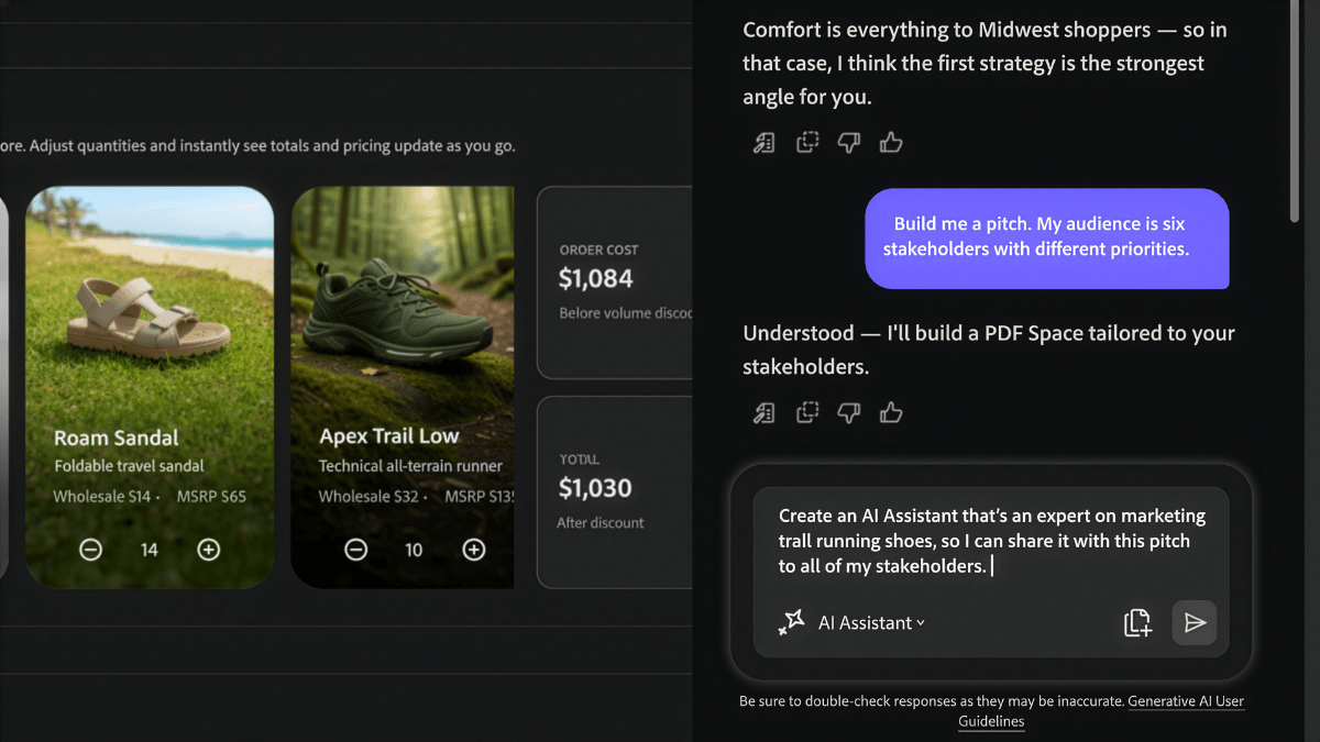 This tool turns PDFs into interactive podcasts for ₹798 1 Split-screen digital interface showing a wholesale footwear product catalogue alongside an active AI conversational chat p...