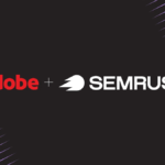 Adobe and Semrush logos side by side on a dark background with purple diagonal lines for enterprise visibility context