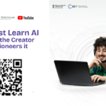 Man with headphones using a laptop near a QR code and AI Skills House logos for Indian creative scholarships.