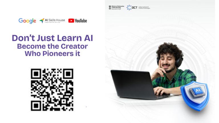 Man with headphones using a laptop near a QR code and AI Skills House logos for Indian creative scholarships.
