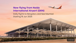 Modern Noida International Airport terminal render with Akasa Air plane in the sky with launch announcement text.