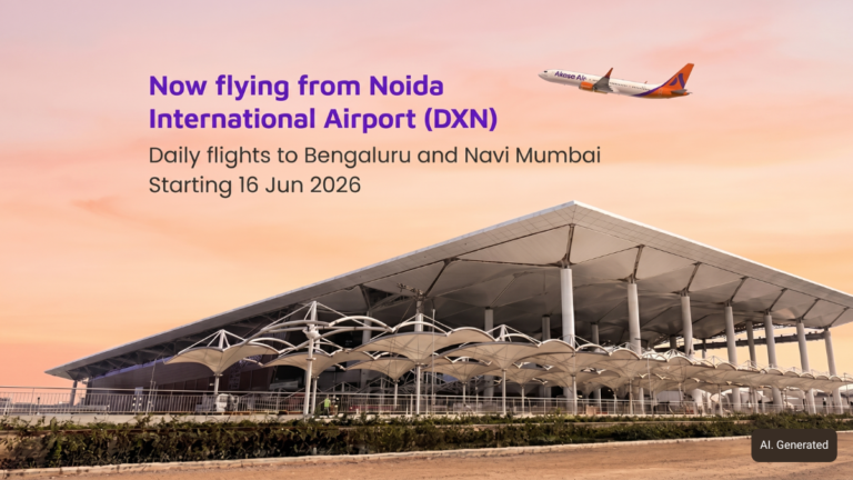 Modern Noida International Airport terminal render with Akasa Air plane in the sky with launch announcement text.