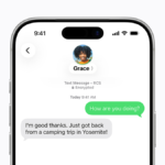 iPhone display showing an RCS message thread with a lock icon and Encrypted label for secure cross-platform messaging