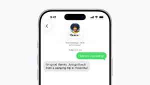 iPhone display showing an RCS message thread with a lock icon and Encrypted label for secure cross-platform messaging