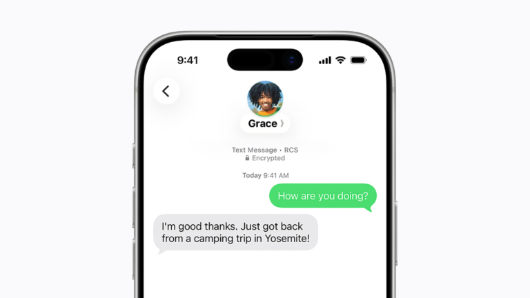 iPhone display showing an RCS message thread with a lock icon and Encrypted label for secure cross-platform messaging