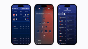 Three iPhones showing the Apple Sports interface with World Cup groups, visual football formations, and match brackets.