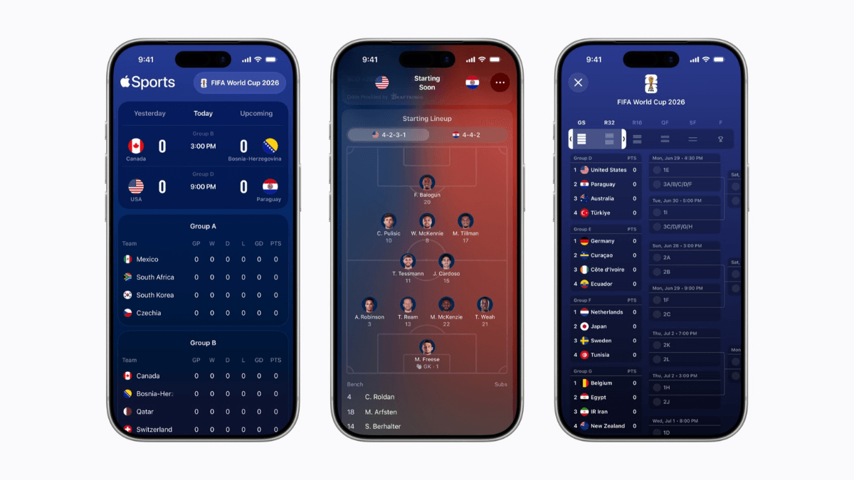 The free iPhone sports tracker is expanding to India 1 Three iPhones showing the Apple Sports interface with World Cup groups, visual football formations, and match brackets.