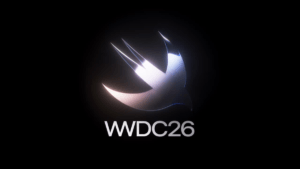 A metallic Swift bird logo above white text WWDC26 on a black background for the Apple software stream.