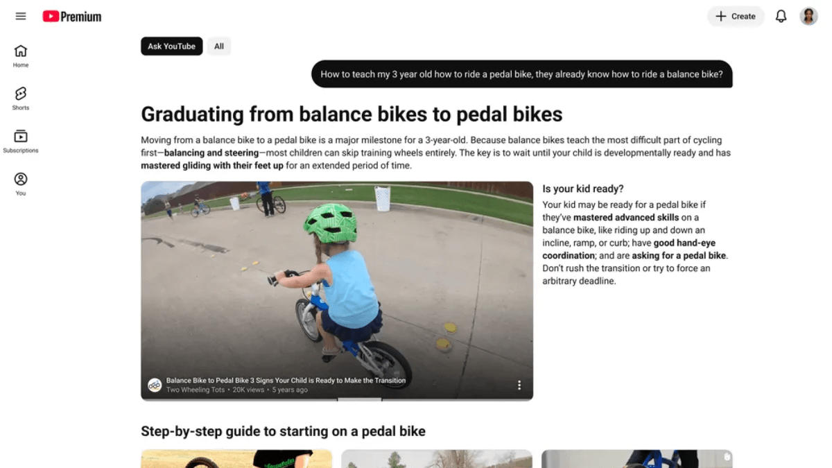 Your next assistant will manage tasks around the clock 1 A desktop web browser displaying a YouTube Premium interface with a conversational query bar about teaching a child to ride a bike.