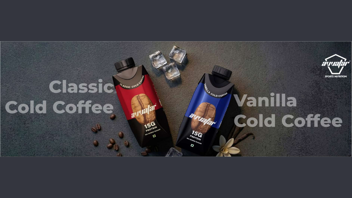 Classic and Vanilla Avvatar coffee packs on a stone surface with ice cubes and coffee beans for the Indian market