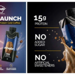 Red and blue Avvatar protein coffee packs with a liquid splash highlighting the 15g protein launch in India.