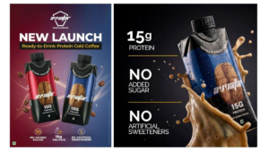 Red and blue Avvatar protein coffee packs with a liquid splash highlighting the 15g protein launch in India