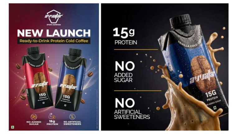 Red and blue Avvatar protein coffee packs with a liquid splash highlighting the 15g protein launch in India.