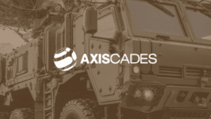 Heavy olive green military radar truck with a white AXISCADES logo overlay, representing the firm's Indian defence pivot.