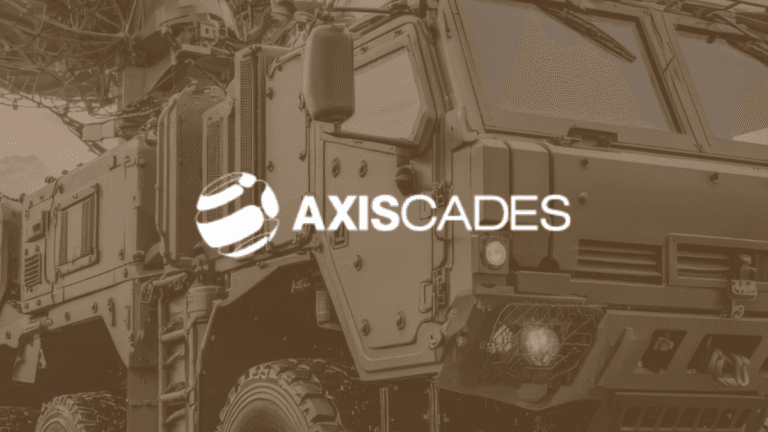Heavy olive green military radar truck with a white AXISCADES logo overlay, representing the firm's Indian defence pivot.