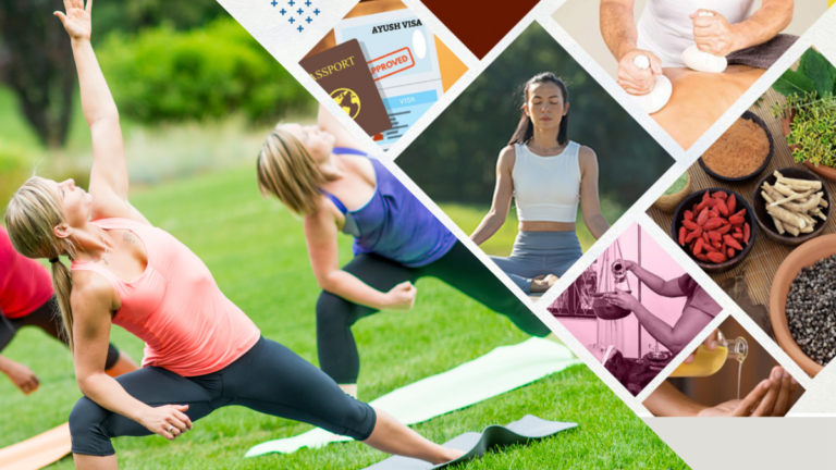 Yoga practitioners, Ayurvedic herbs, and an approved Ayush visa passport illustrating the India-New Zealand FTA.