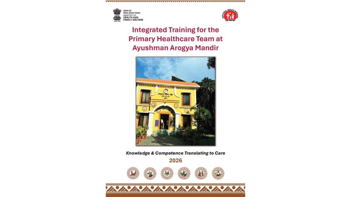 The new framework set to change your family's clinic visits 2 A yellow Ayushman Arogya Mandir building with the Ministry of Health logo on a training document cover titled 2026.