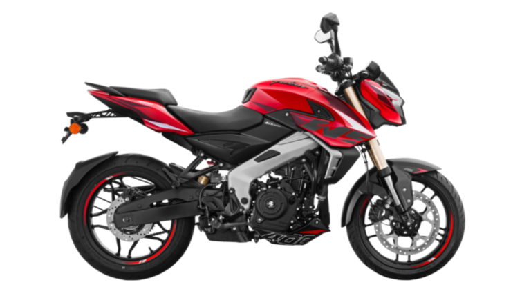 Red and black Bajaj Pulsar NS400Z motorcycle profile on white background for the 349cc India tax savings launch.