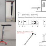 Adjustable walking sticks, crutches, and technical braille placement diagrams for new India accessibility standards.