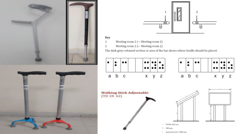 Adjustable walking sticks, crutches, and technical braille placement diagrams for new India accessibility standards.